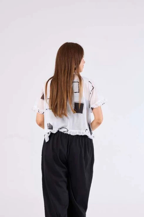 Au Hasard D'un Voyage Frill Seeker Top -  Print White/Black