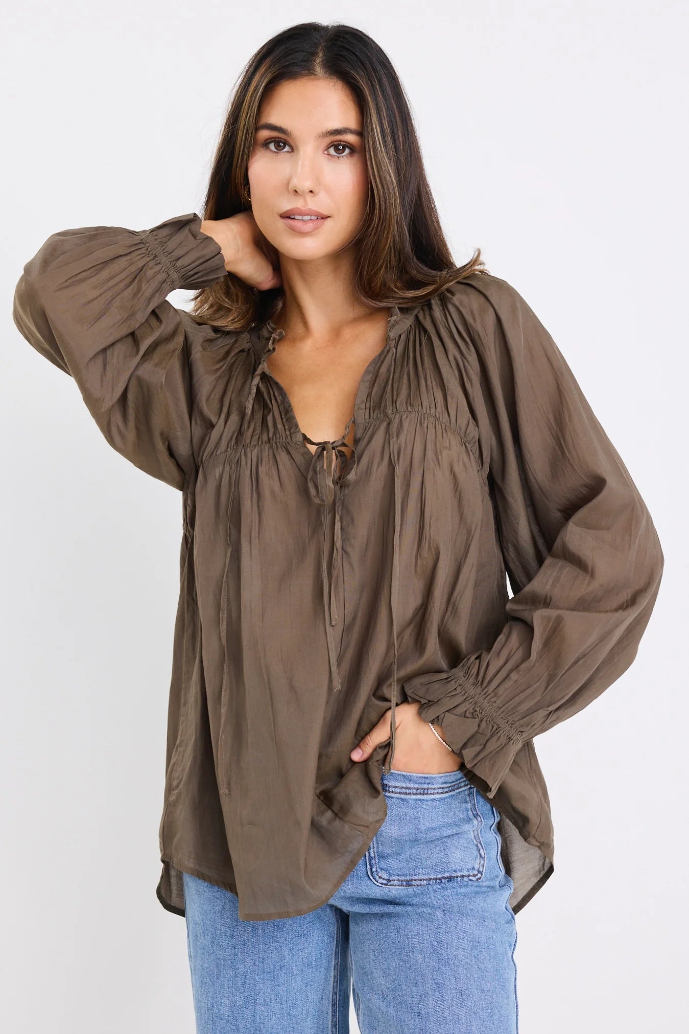 Ivy & Jack Artist Cotton LS Tie Front Relaxed Gathered Top - Olive