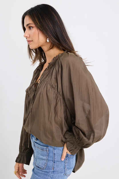 Ivy & Jack Artist Cotton LS Tie Front Relaxed Gathered Top - Olive