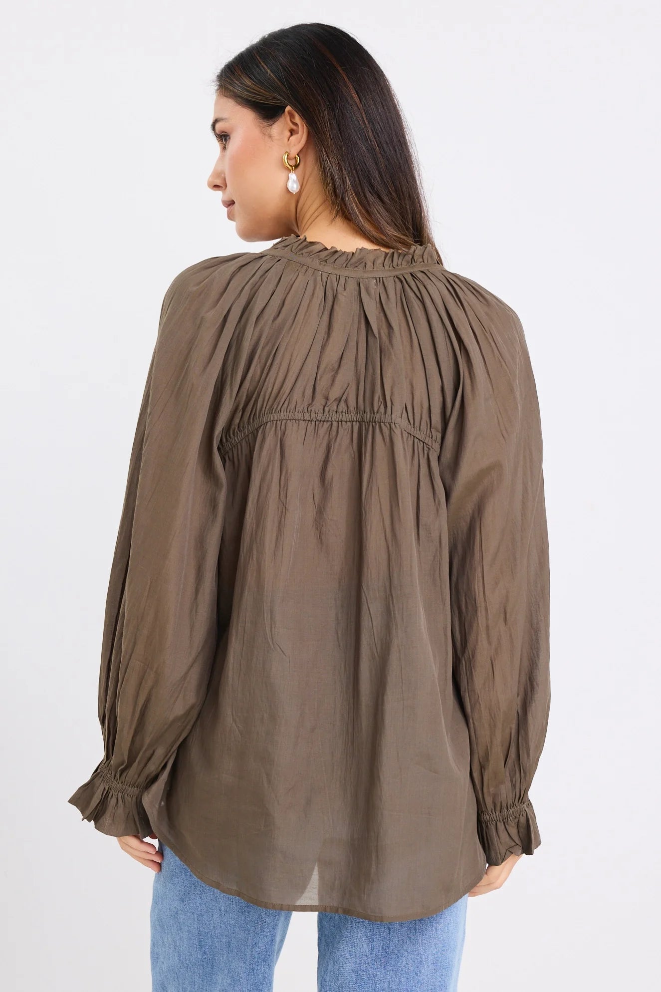 Ivy & Jack Artist Cotton LS Tie Front Relaxed Gathered Top - Olive