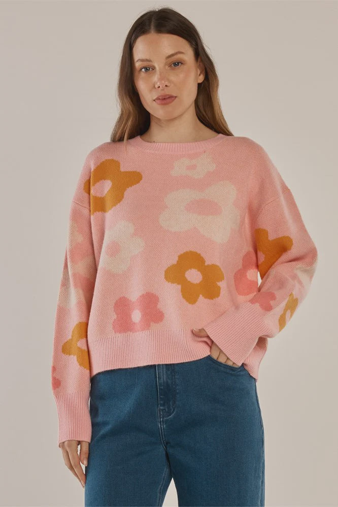 Betty Basics Leonie Knit Sweater - Pink Jacquard Flowers