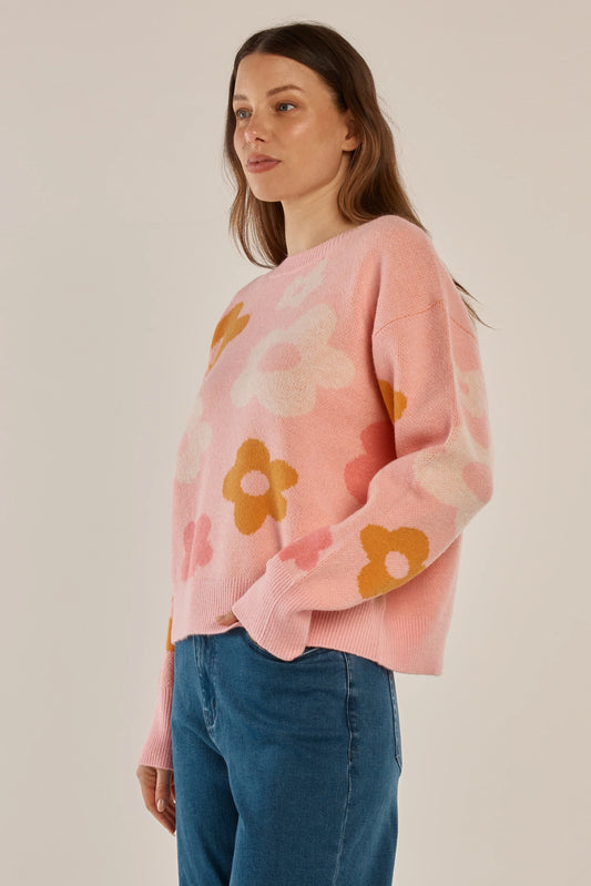 Betty Basics Leonie Knit Sweater - Pink Jacquard Flowers
