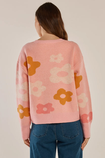 Betty Basics Leonie Knit Sweater - Pink Jacquard Flowers