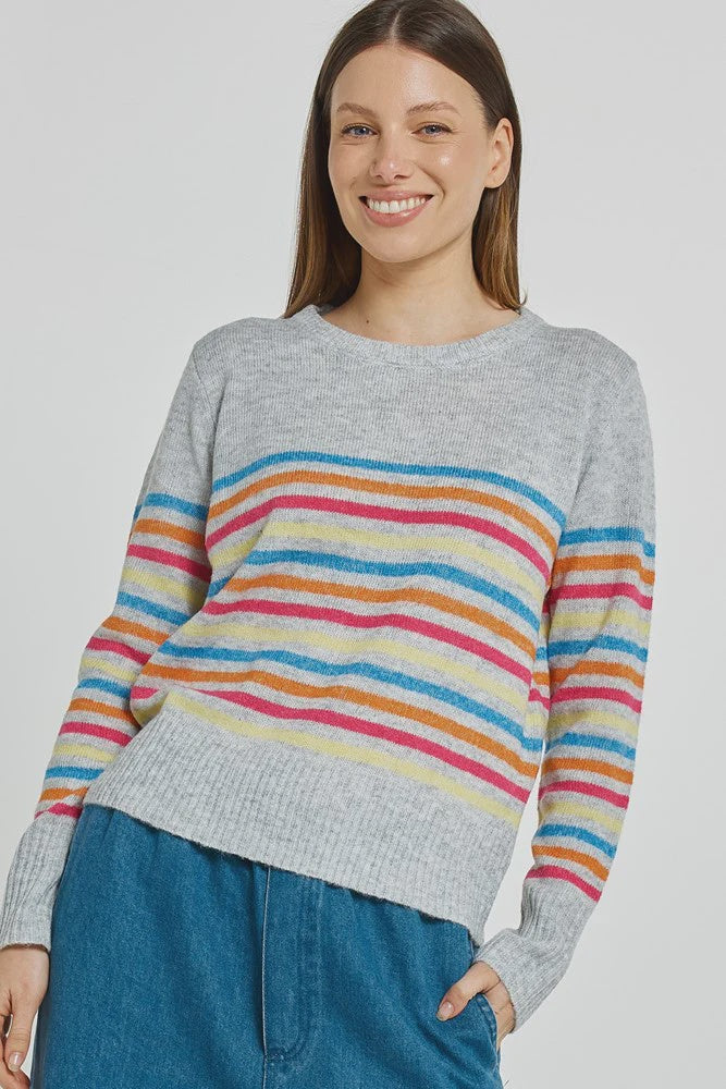 Betty Basics Elinda Sweater - Rainbow Stripe Grey