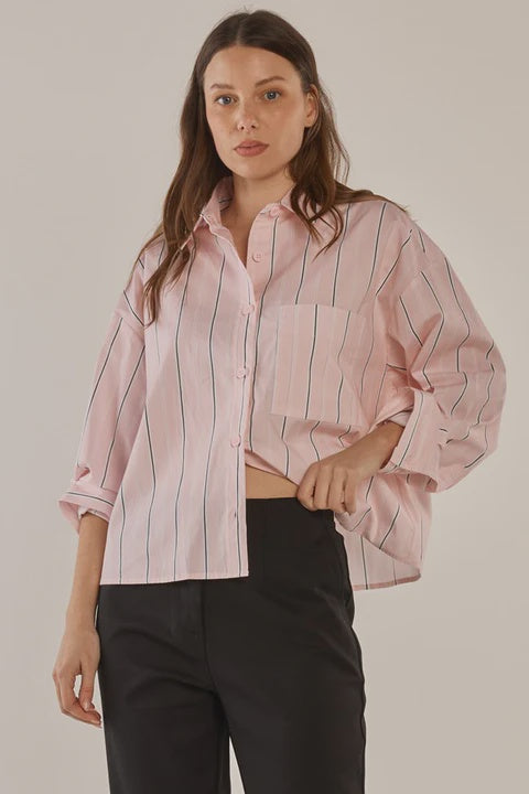Betty Basics Erin Crop Shirt - Pink/Chocolate Stripe