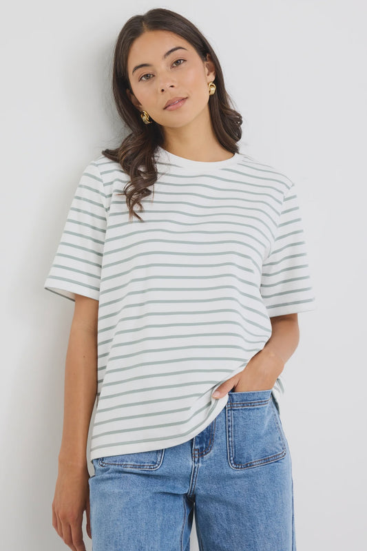 Re:Union Binding Boxy Fit Tee - Khaki White Stripe