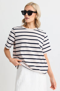 Re:Union Binding Ecru Navy Stripe Boxy Fit Tee