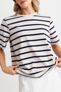 Re:Union Binding Ecru Navy Stripe Boxy Fit Tee