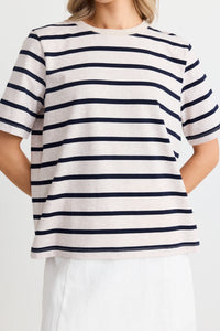 Re:Union Binding Ecru Navy Stripe Boxy Fit Tee