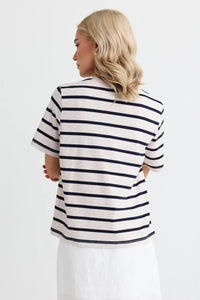 Re:Union Binding Ecru Navy Stripe Boxy Fit Tee