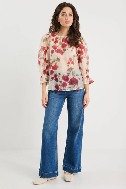 Ivy + Jack Candid Crew Neck Mid Sleeve Top - Cream Red Rose