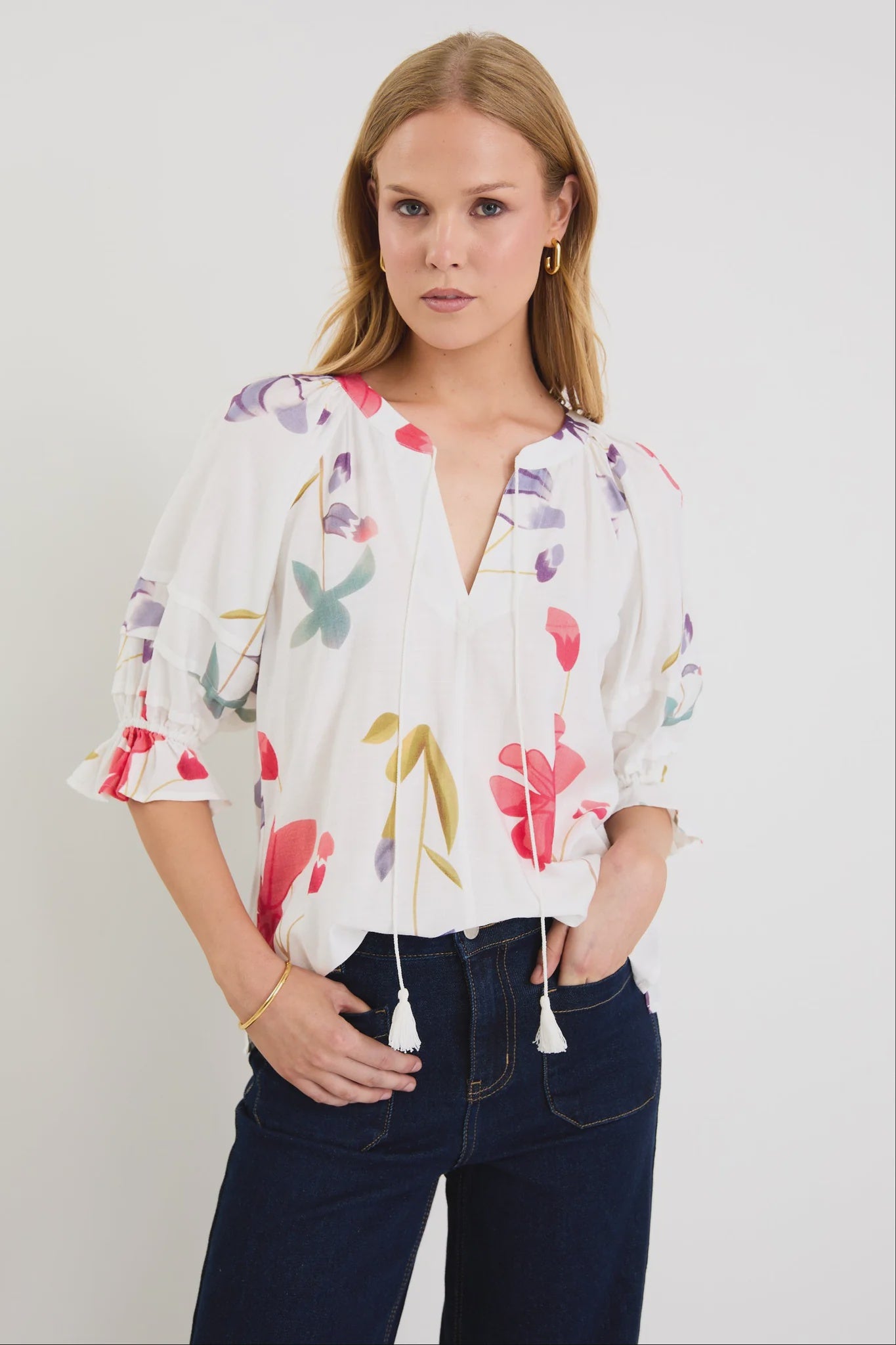 by rosa. Cassia V Neck Short Pin Tuck Sleeve Mandarin Collar Top - Cream Poppy Floral