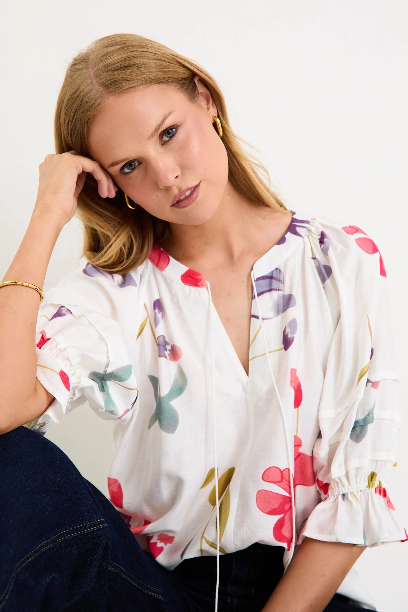 by rosa. Cassia V Neck Short Pin Tuck Sleeve Mandarin Collar Top - Cream Poppy Floral