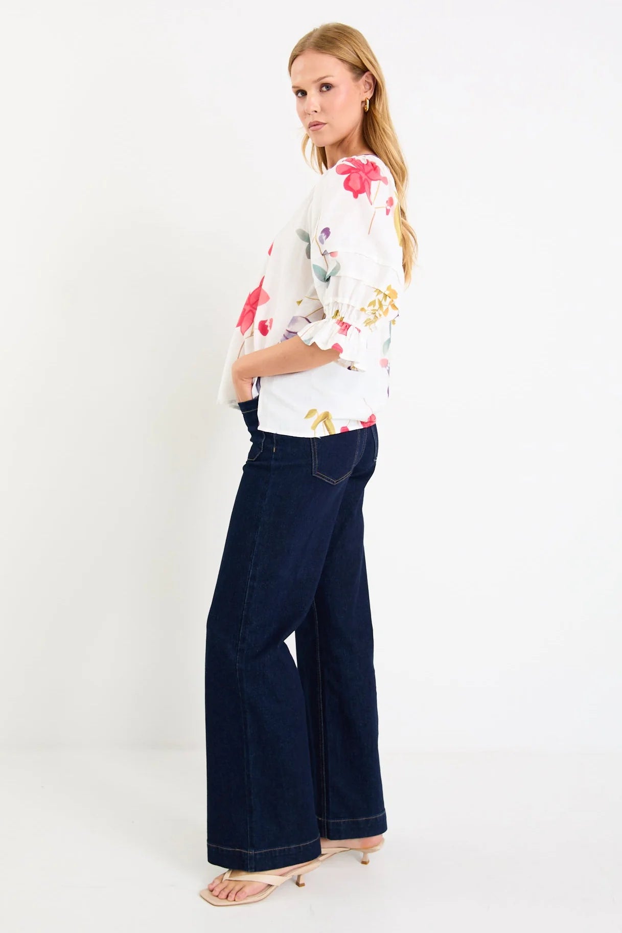 by rosa. Cassia V Neck Short Pin Tuck Sleeve Mandarin Collar Top - Cream Poppy Floral