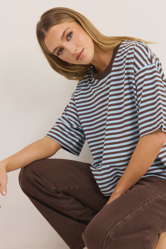 Stories Be Told Cohesion Stripe Oversized Contrast Binding Boxy SS Tee - Ice Blue Chocolate Stripe