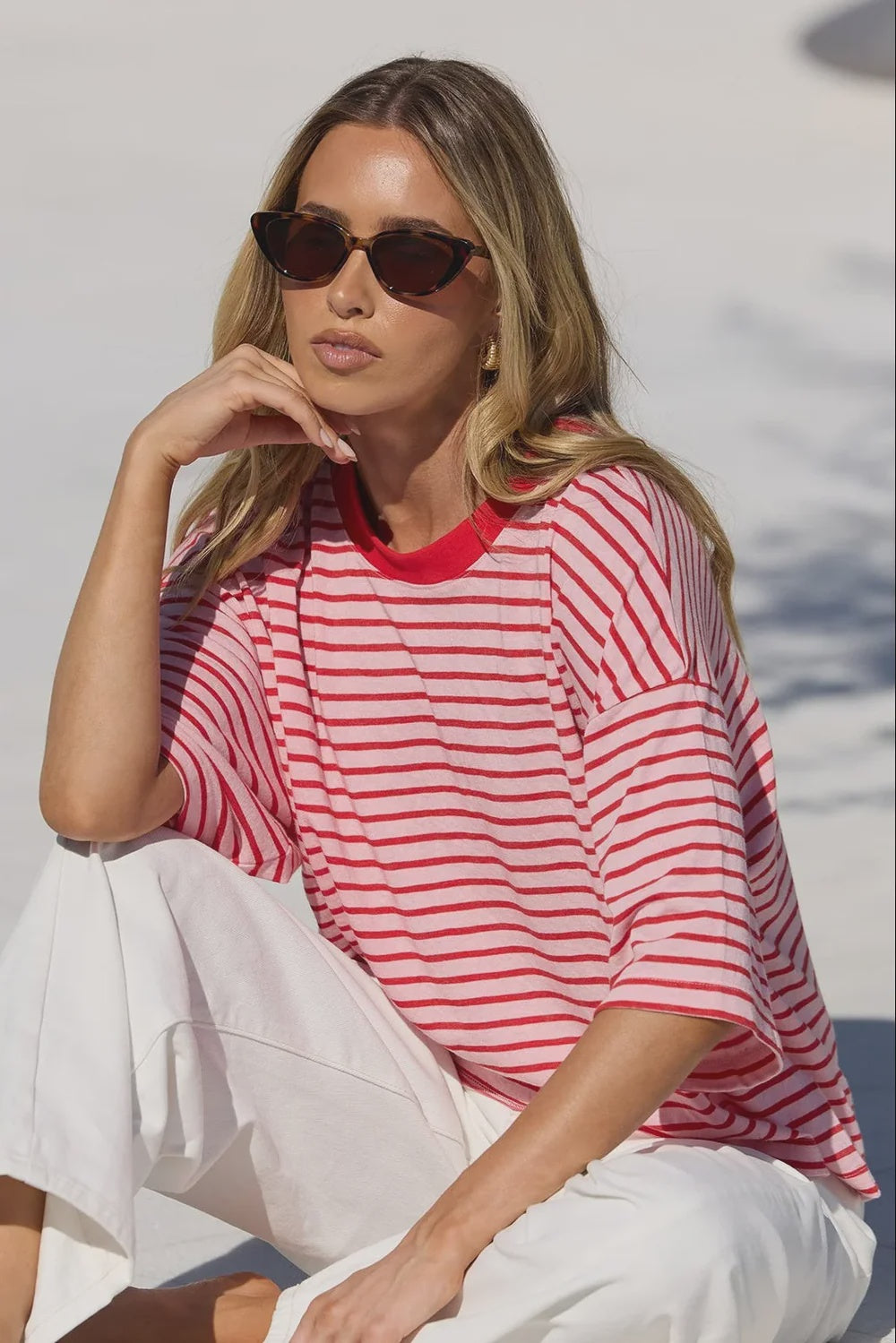 Stories be Told Cohesion Oversized Contrast Binding Boxy Tee - Pink Red Stripe