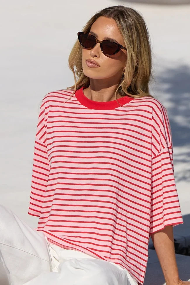 Stories be Told Cohesion Oversized Contrast Binding Boxy Tee - Pink Red Stripe