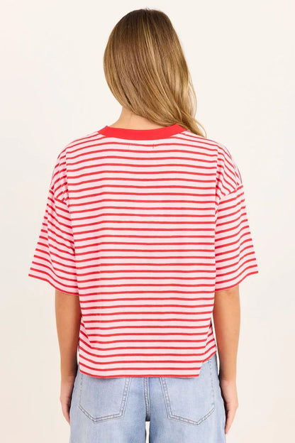 Stories be Told Cohesion Oversized Contrast Binding Boxy Tee - Pink Red Stripe