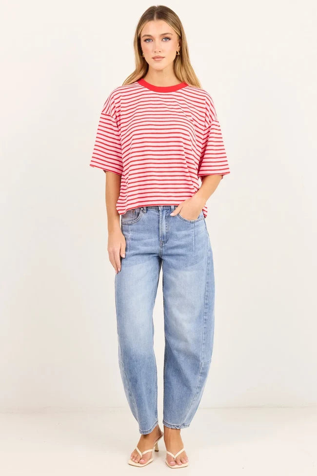 Stories be Told Cohesion Oversized Contrast Binding Boxy Tee - Pink Red Stripe