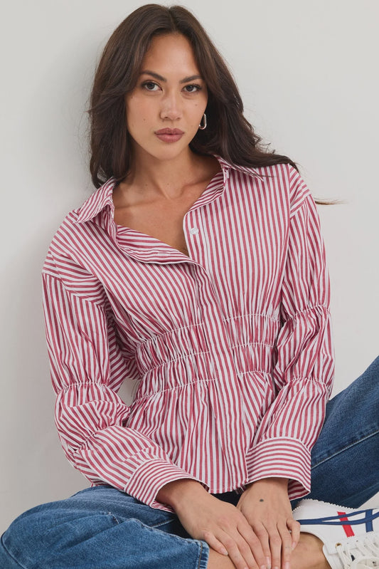 Stories be Told Composite Shirred Body Shirt - Burgundy Plum Stripe