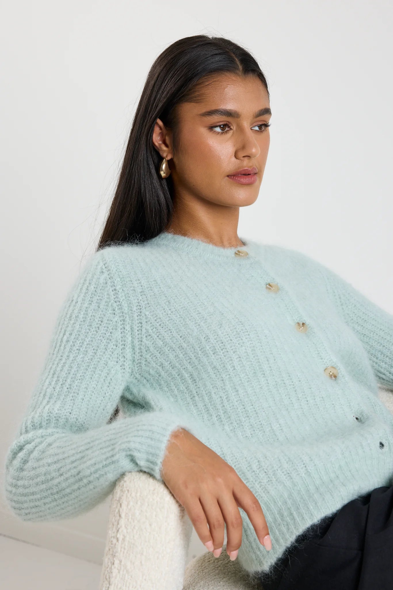 Ivy + Jack Compound Mohair Blend Crewneck Cardigan - Sea Foam