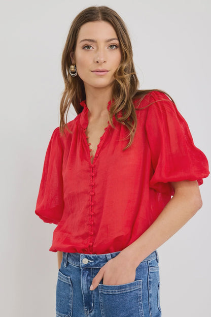 Ivy & Jack Continuance Ramie High Neck Buttoned SS Top - Poppy