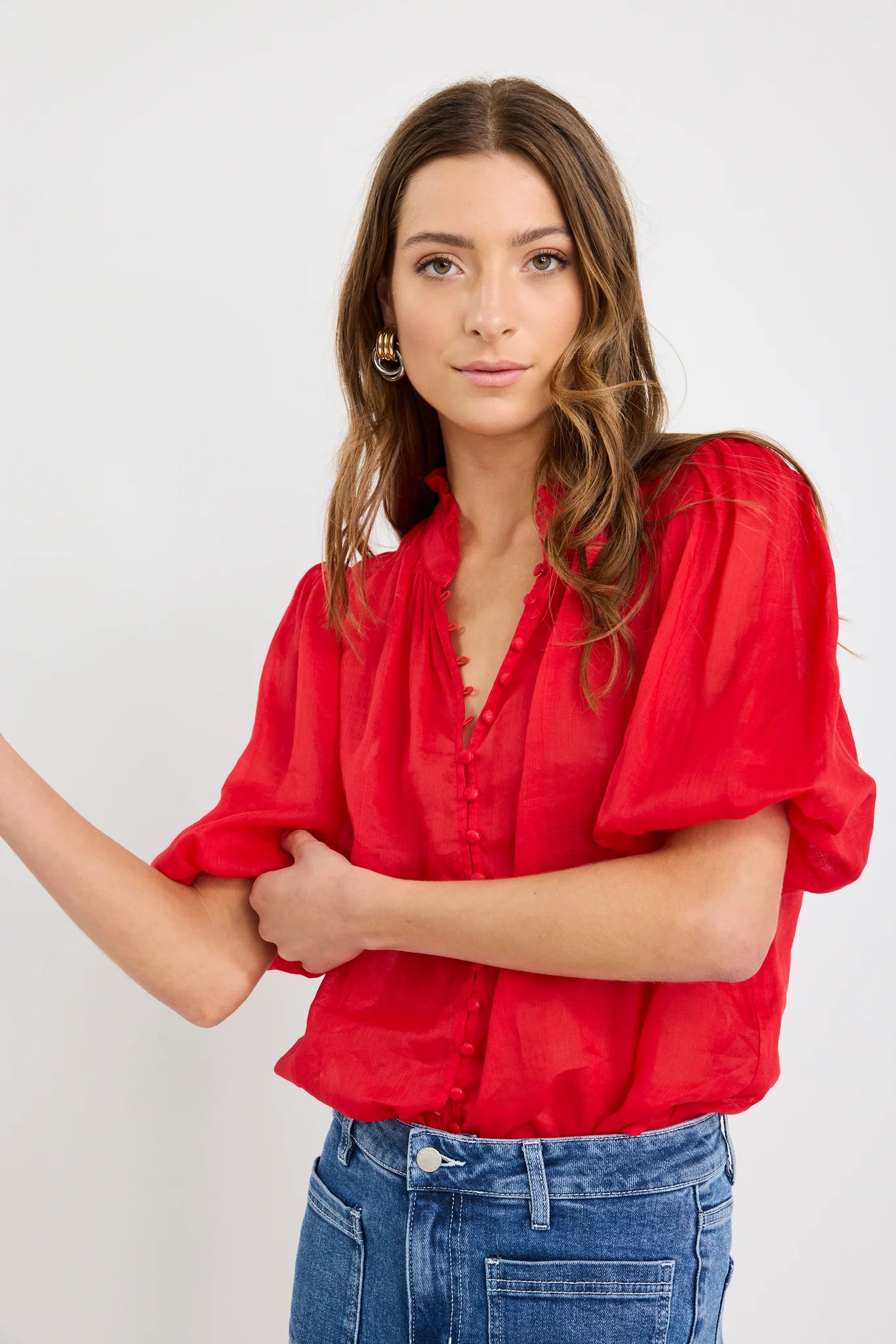 Ivy & Jack Continuance Ramie High Neck Buttoned SS Top - Poppy