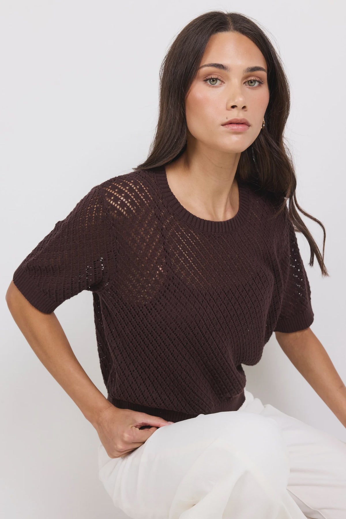 Ivy + Jack Dapple Chocolate Boxy Knit Lace Tee - Chocolate