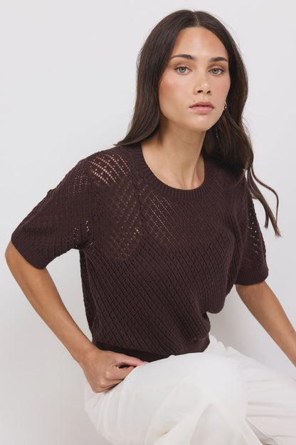 Ivy + Jack Dapple Chocolate Boxy Knit Lace Tee - Chocolate