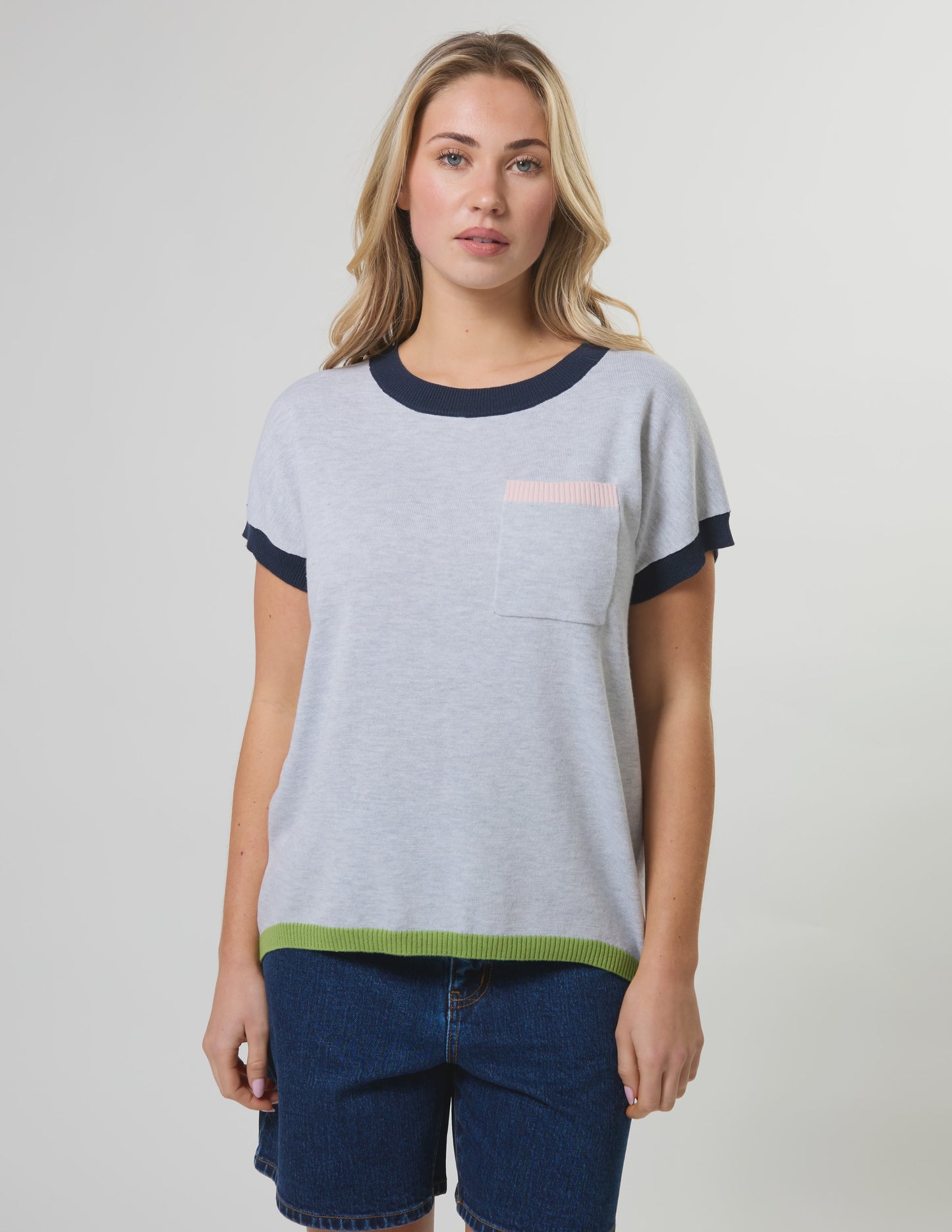 Stella + Gemma Laneway Pocket Top - Light Grey & Navy