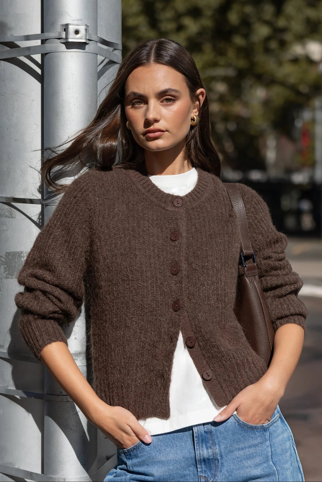 Ivy & Jack Highlight Mohair Blend Crewneck Cardigan - Chocolate