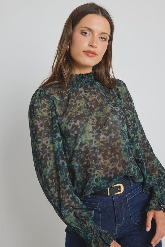 Ivy + Jack Emphatic Ditsy Print Shirred Neck LS Top - Khaki