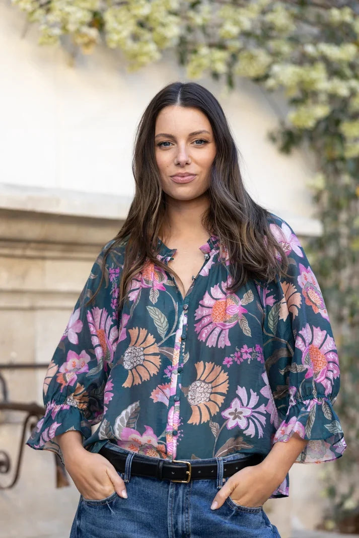 by rosa Encounter Scarf SS Gathered Button Front Top - Petrol Print