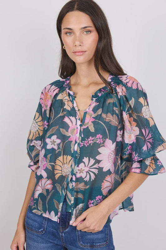 by rosa Encounter Scarf SS Gathered Button Front Top - Petrol Print