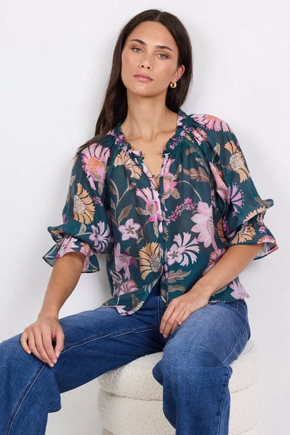 by rosa Encounter Scarf SS Gathered Button Front Top - Petrol Print