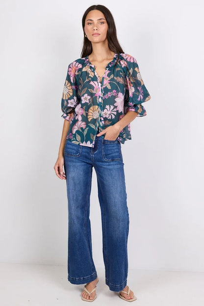 by rosa Encounter Scarf SS Gathered Button Front Top - Petrol Print