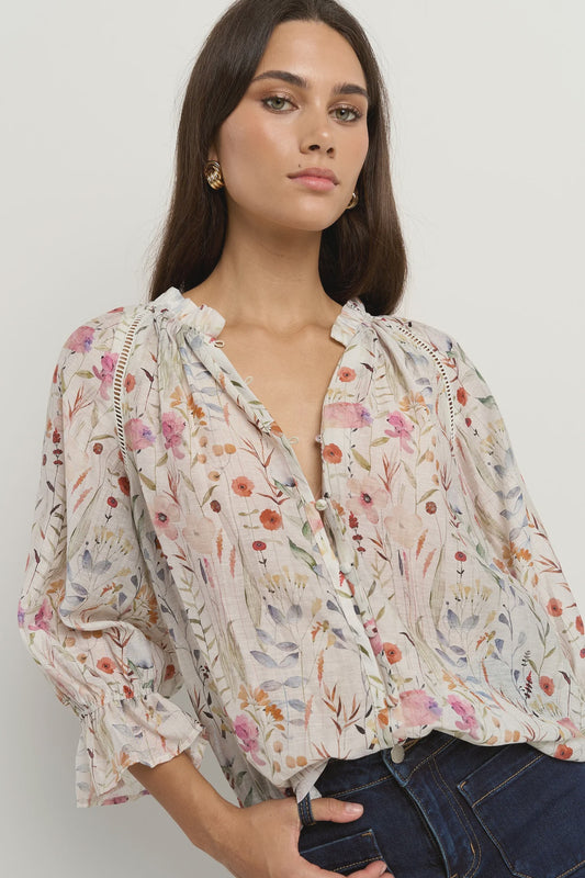 by rosa. Encounter Gathered Button Front Top - Cream Floral