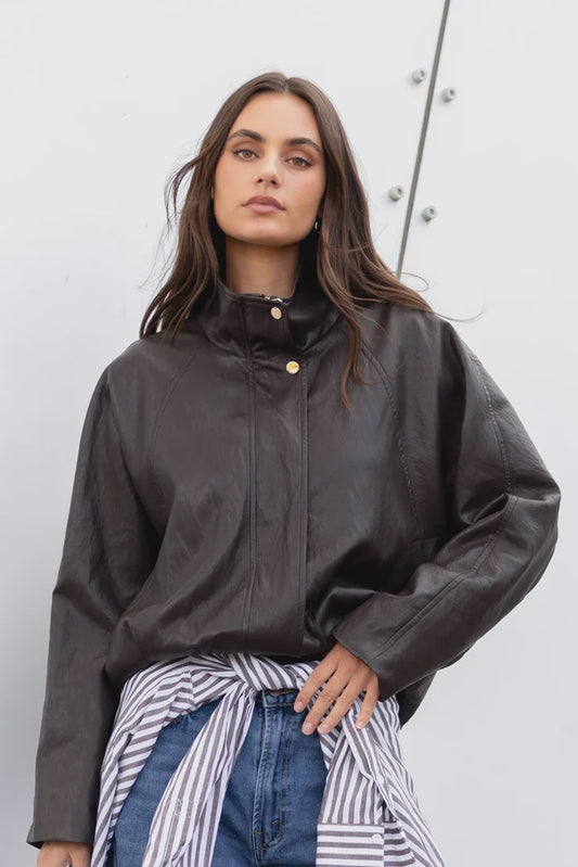 Stories be Told Ensemble Faux Leather Funnel Neck Zip Through Jacket - Chocolate