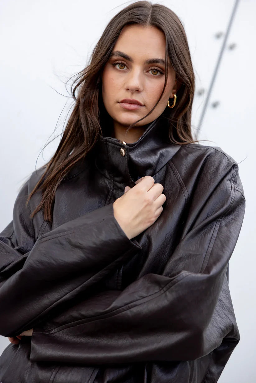 Stories be Told Ensemble Faux Leather Funnel Neck Zip Through Jacket - Chocolate