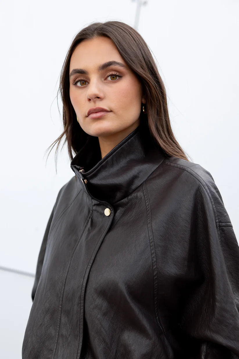 Stories be Told Ensemble Faux Leather Funnel Neck Zip Through Jacket - Chocolate