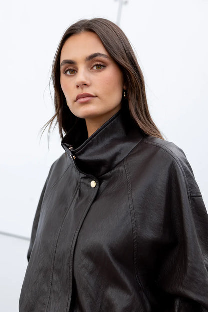 Stories be Told Ensemble Faux Leather Funnel Neck Zip Through Jacket - Chocolate