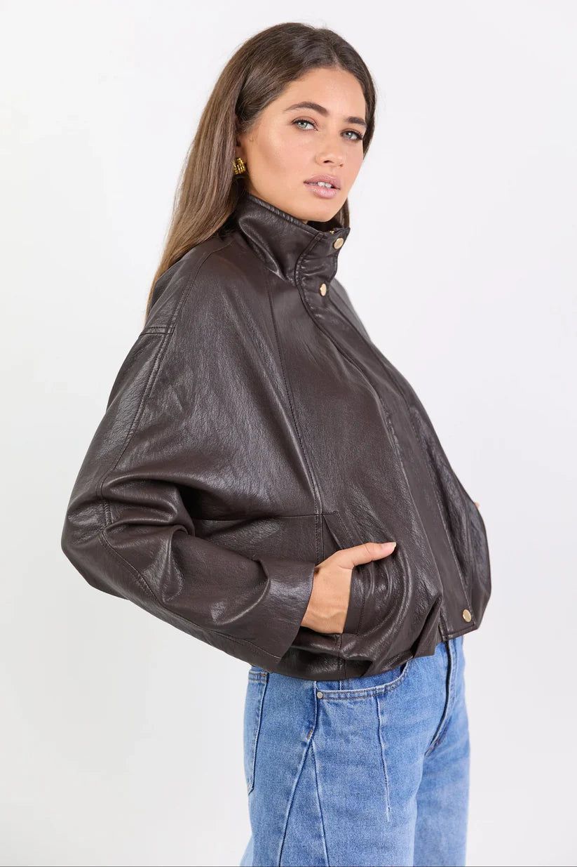 Stories be Told Ensemble Faux Leather Funnel Neck Zip Through Jacket - Chocolate