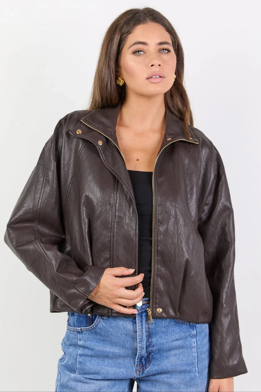 Stories be Told Ensemble Faux Leather Funnel Neck Zip Through Jacket - Chocolate