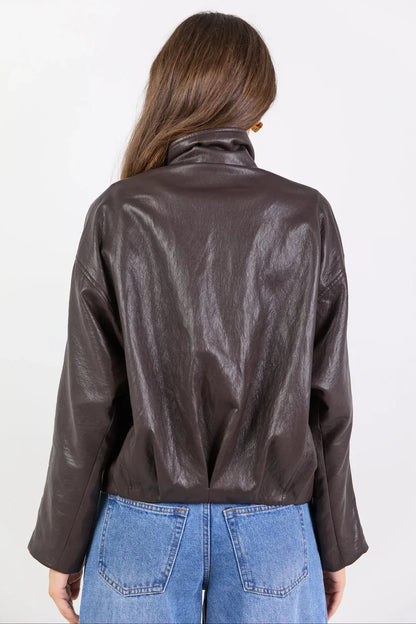 Stories be Told Ensemble Faux Leather Funnel Neck Zip Through Jacket - Chocolate