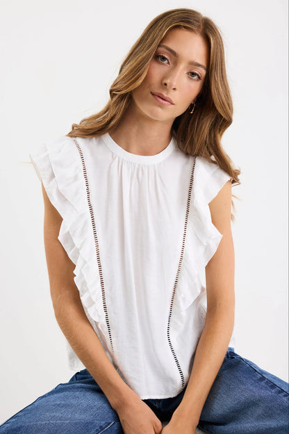 Ivy + Jack Exotic Sheer High Neck Frill Sleeve Top - Ivory