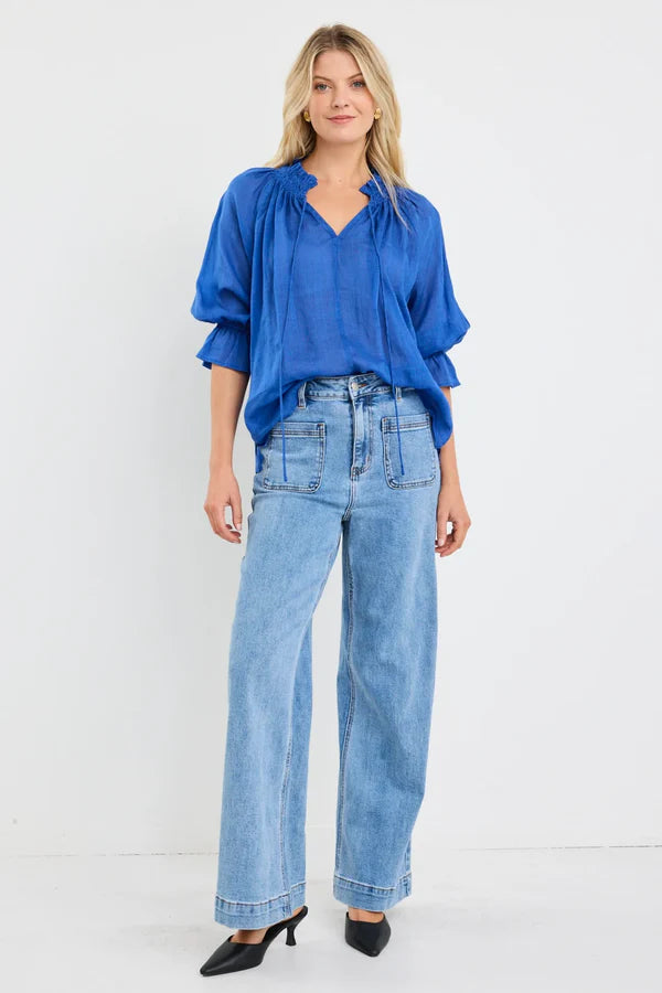 Among the Brave Expedition Shirred Neck Short Sleeve Top - Blue