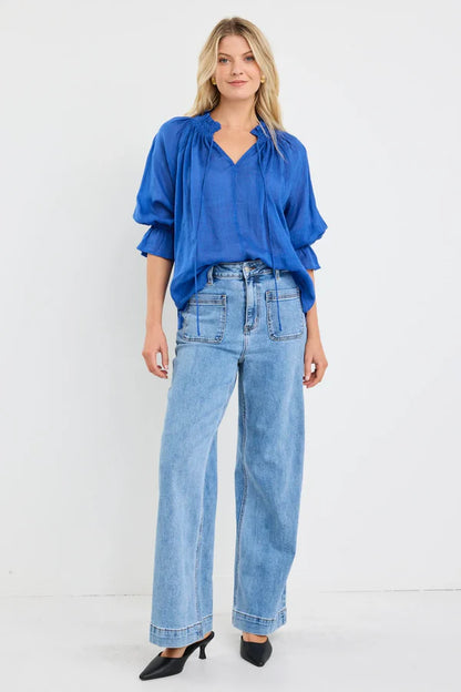 Among the Brave Expedition Shirred Neck Short Sleeve Top - Blue