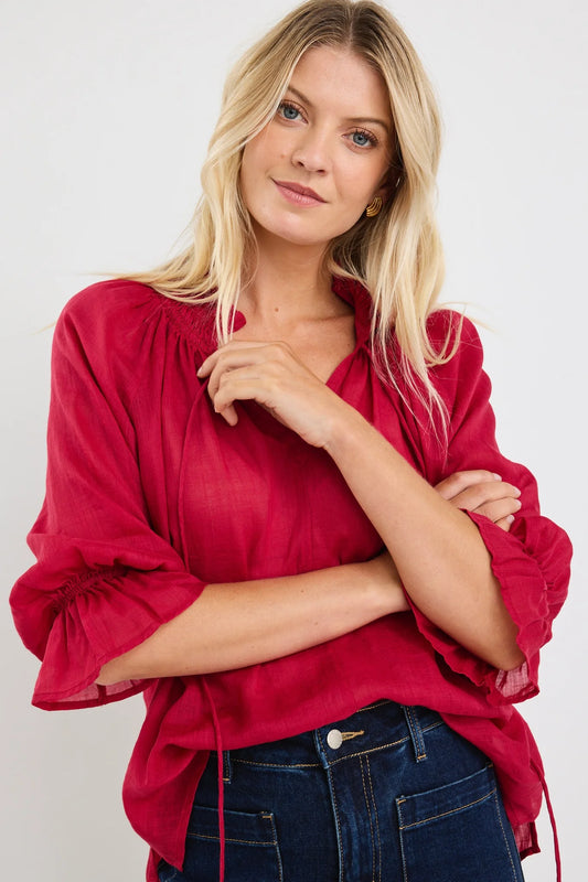 Among the Brave Expedition Shirred Neck S/S Top - Raspberry