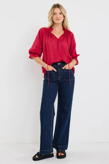 Among the Brave Expedition Shirred Neck S/S Top - Raspberry