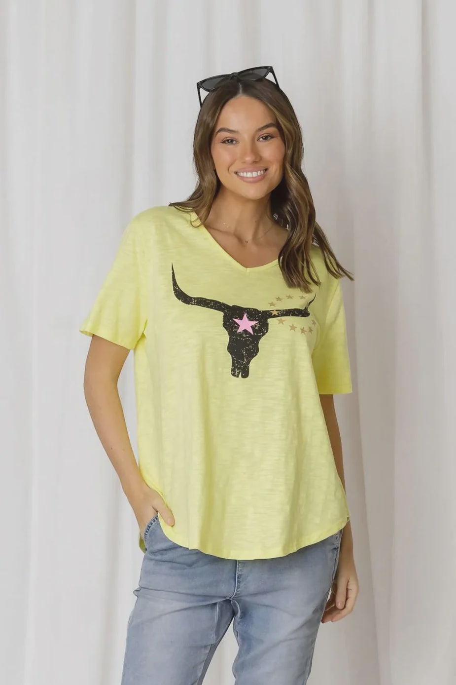 Love Lily Avalon Steer V Neck Tee -  Citrus